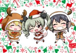 Rule 34 | 10s, 3girls, anchovy (girls und panzer), animal costume, antlers, bag, bell, black hair, black ribbon, blonde hair, blush stickers, brown dress, brown jacket, brown shorts, candy, candy cane, capelet, carpaccio (girls und panzer), chibi, christmas tree, commentary, dress, drill hair, fake antlers, food, full body, girls und panzer, grin, hair ribbon, hand on own hip, hat, holding, hood, hooded jacket, horns, jacket, jingle bell, long hair, long sleeves, looking at viewer, multiple girls, musical note, nekota susumu, open mouth, outstretched arms, pepperoni (girls und panzer), quaver, red dress, red eyes, red hat, reindeer, reindeer antlers, reindeer costume, ribbon, santa costume, short hair, shorts, sleeveless, smile, snowflakes, spread arms, standing, star (symbol), thumbs up, twin drills, twintails