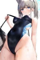 Rule 34 | 1girl, animal ear fluff, animal ears, black one-piece swimsuit, blue archive, blue eyes, breasts, cameltoe, cleft of venus, competition swimsuit, covered navel, cross, cross hair ornament, earrings, extra ears, grey hair, hair ornament, halo, highleg, highleg swimsuit, highres, inverted cross, jewelry, looking at viewer, medium breasts, medium hair, mismatched pupils, multicolored clothes, multicolored swimsuit, official alternate costume, one-piece swimsuit, poharo, ponytail, shiny skin, shiroko (blue archive), shiroko (swimsuit) (blue archive), simple background, solo, stud earrings, swimsuit, two-tone swimsuit, wet, white background, wolf ears