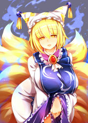Rule 34 | 1girl, absurdres, animal ears, blonde hair, breasts, breasts squeezed together, cowboy shot, dress, eyelashes, fox ears, fox tail, frills, hair between eyes, hat, highres, kitsune, kyuubi, large breasts, leaning forward, long sleeves, looking at viewer, multiple tails, open mouth, raptor7, solo, tabard, tail, touhou, white dress, wide hips, wide sleeves, yakumo ran, yellow eyes