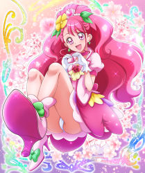 Rule 34 | 1girl, :d, choker, commentary request, cure grace, earrings, floral background, flower, gloves, hanadera nodoka, hanzou, healin&#039; good precure, heart, heart hands, highres, jewelry, long hair, looking at viewer, magical girl, open mouth, panties, pink choker, pink hair, precure, puffy short sleeves, puffy sleeves, short sleeves, smile, solo, underwear, white gloves, white panties
