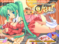 Rule 34 | 00s, 1girl, 2007, bandages, bare shoulders, blue eyes, book, boots, breasts, cake, candy, chocolate, cleavage, curtains, dated, detached collar, food, green hair, halloween, happy halloween, higurashi no naku koro ni, licking, long hair, lying, ninoko, pillow, pocky, ponytail, red skirt, skirt, smile, solo, sonozaki mion, table, waitress, watermark, web address