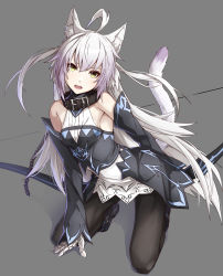 Rule 34 | 1girl, ahoge, animal ears, atalanta (fate), atalanta alter (fate), atalanta alter (first ascension) (fate), bare shoulders, black pantyhose, cat ears, cat tail, choker, commentary request, detached sleeves, dress, fate/apocrypha, fate (series), gloves, grey background, highres, kneeling, light purple hair, long hair, looking at viewer, multicolored hair, pantyhose, simple background, solo, tail, takanashi kei (hitsujikan), two-tone hair, white hair