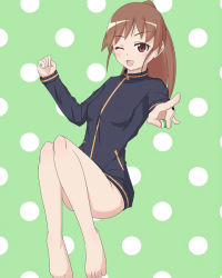 Rule 34 | 10s, 1girl, ;d, bad id, bad pixiv id, bare legs, barefoot, blush, board game, bottomless, brown hair, clenched hand, convenient leg, green background, holding, holding mahjong tile, invisible chair, jacket, long hair, long sleeves, looking at viewer, mahjong, mahjong tile, naked jacket, one eye closed, open mouth, pointing, pointing at viewer, polka dot, polka dot background, red eyes, saki, saki (manga), saki achiga-hen, sitting, smile, solo, takakamo shizuno, track jacket, yokotama