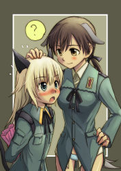 Rule 34 | 00s, 2girls, ?, animal ears, bad id, bad pixiv id, blush, gertrud barkhorn, gift, hand on own hip, headpat, helma lennartz, hip focus, holding, holding gift, multiple girls, niina ryou, panties, strike witches, strike witches: suomus misfits squadron, tail, underwear, uniform, valentine, world witches series