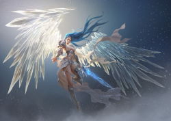 Rule 34 | 1girl, armor, blue eyes, blue hair, breasts, female focus, floating hair, flying, greaves, highres, ice, ice wings, large breasts, league of angels, lips, long hair, looking at viewer, matching hair/eyes, navel, outstretched arms, realistic, rike lee, sideboob, solo, spread arms, sword, thighs, tiara, weapon, wings