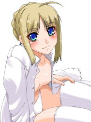 Rule 34 | 00s, 1girl, artoria pendragon (fate), blouse, breasts, fate/stay night, fate (series), nipple slip, nipples, open clothes, open shirt, panties, saber (fate), shinama, shirt, small breasts, solo, thighhighs, underwear