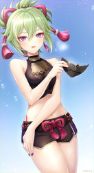 Rule 34 | 1girl, absurdres, bare arms, bare shoulders, body markings, breasts, crop top, den (dendenkog), earrings, fishnet top, fishnets, genshin impact, gold trim, green hair, hair between eyes, hair ornament, highres, holding, holding mask, jewelry, kuki shinobu, looking at viewer, mask, unworn mask, midriff, mouth mask, nail polish, navel, parted lips, purple eyes, purple nails, rope, shimenawa, short ponytail, short shorts, shorts, small breasts, solo, tassel, tassel earrings, thighs