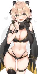 Rule 34 | 1girl, :d, absurdres, ahoge, armband, bad id, bad twitter id, bare shoulders, bikini, black bikini, black bow, black scarf, black thighhighs, blonde hair, blush, bow, breasts, cleavage, commentary request, cowboy shot, elbow gloves, fate/grand order, fate (series), gloves, gluteal fold, hair between eyes, hair bow, hand up, highleg, highleg bikini, highres, large breasts, looking at viewer, navel, okita j. souji (fate), okita j. souji (first ascension) (fate), okita souji (fate), okita souji (koha-ace), open mouth, scarf, short hair, single glove, single thighhigh, sino (sionori), smile, solo, sweat, sweatband, swimsuit, thigh strap, thighhighs, v-shaped eyebrows, w, yellow eyes