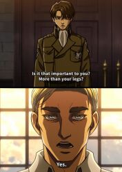 Rule 34 | 2boys, absurdres, anime coloring, blonde hair, blue eyes, english text, erwin smith, highres, levi (shingeki no kyojin), looking at viewer, male focus, multiple boys, nakariiale, paradis military uniform, portrait, screenshot background, serious, shingeki no kyojin, short hair, split screen, subtitled, survey corps (emblem), thick eyebrows
