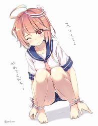 Rule 34 | 10s, 1girl, 3;, ahoge, amagai tarou, barefoot, bdsm, bondage, bound, breasts, feet, full body, hair ornament, hands on feet, i-58 (kancolle), kantai collection, one eye closed, pink hair, red eyes, school swimsuit, school uniform, serafuku, short hair, simple background, small breasts, solo, squatting, submarine, sweatdrop, swimsuit, swimsuit under clothes, toes, translated, twitter username, watercraft, white background
