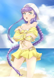 Rule 34 | 1girl, asymmetrical hair, bandeau, bare shoulders, baseball cap, bb (fate), bb (fate) (all), bb (fate) (cosplay), bb (swimsuit mooncancer) (fate), bb (swimsuit mooncancer) (first ascension) (fate), beach, blue sky, blush, braid, breasts, cleavage, coffeekite, cosplay, cropped jacket, crossed arms, fate/grand order, fate (series), hat, highres, jacket, large breasts, long hair, long sleeves, looking at viewer, midriff, miniskirt, open mouth, purple eyes, purple hair, shore, single braid, skirt, sky, thighs, very long hair, white headwear, yellow jacket, yellow skirt
