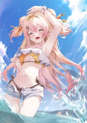 Rule 34 | 1girl, :d, absurdres, arm up, armpits, bikini, blonde hair, blush, breasts, brown bikini, closed eyes, crossed bangs, day, double bun, flower, flower bracelet, gradient hair, hair bun, hair flower, hair ornament, hair ribbon, hairclip, highres, hololive, long hair, medium breasts, momosuzu nene, multicolored hair, navel, ocean, open clothes, open fly, open mouth, outdoors, palm tree, pink hair, pola (1021), ribbon, short shorts, shorts, side-tie bikini bottom, smile, solo, stomach, swimsuit, tree, two side up, very long hair, virtual youtuber, wading, water, wet, white shorts, yellow bikini, yellow ribbon