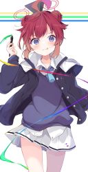 Rule 34 | 1girl, :q, ahoge, blue archive, blue eyes, blue necktie, collarbone, double bun, hair bun, halo, highres, holding, holding stylus, jacket, kyuukon (qkonsan), light blush, long sleeves, looking at viewer, maki (blue archive), necktie, paint on clothes, painting (action), red hair, short hair, simple background, skirt, solo, stylus, sweater vest, tongue, tongue out
