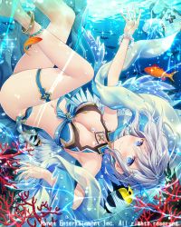 Rule 34 | 1girl, angel wings, angelfish, anklet, bare shoulders, blue eyes, blush, bracelet, breasts, bubble, cleavage, closed mouth, company name, falkyrie no monshou, fish, jewelry, large breasts, looking at viewer, natsumekinoko, navel, short hair, silver hair, smile, solo, tropical fish, underwater, wings