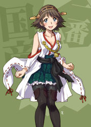 Rule 34 | 10s, 1girl, :d, black pantyhose, blue eyes, blush, boots, breasts, brown hair, cleavage, collarbone, green background, hairband, hiei (kancolle), kantai collection, looking at viewer, nontraditional miko, open mouth, pantyhose, personification, pleated skirt, ribbon, ribbon-trimmed sleeves, ribbon trim, sameha ikuya, short hair, skirt, smile, solo, standing, thigh boots, thighhighs, wide sleeves