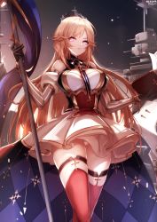 Rule 34 | 1girl, artist name, azur lane, black gloves, blonde hair, book, breasts, closed mouth, corset, cross, cross necklace, cross necktie, crown, dress, feet out of frame, flag, french flag, gloves, highres, holding, holding book, holding flag, jewelry, long hair, looking at viewer, medium breasts, neck ribbon, necklace, nekoya (liu), panties, purple eyes, red thighhighs, ribbon, richelieu (azur lane), serious, solo, standing, thighhighs, underwear, white dress, white panties