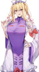 1girl absurdres blonde_hair breasts dress hair_ribbon hat highres large_breasts long_hair mirufui mob_cap purple_tabard red_ribbon ribbon short_twintails tabard touhou twintails white_dress yakumo_yukari yellow_eyes