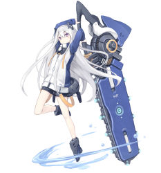 Rule 34 | 1girl, arms up, black shorts, blue footwear, blush, boots, chainsaw, closed mouth, commentary request, hair between eyes, headgear, highres, holding, holding weapon, huge weapon, jacket, long hair, long sleeves, original, poco (asahi age), purple eyes, short shorts, shorts, silver hair, simple background, solo, standing, standing on one leg, very long hair, water, weapon, white background, white jacket