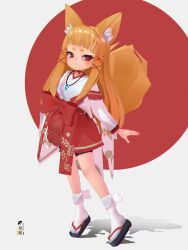 Rule 34 | 1girl, 3d, absurdres, animal ear fluff, animal ears, bike shorts, black footwear, black shorts, blender (medium), blonde hair, brown hair, closed mouth, commentary request, fox ears, fox girl, fox tail, full body, grey background, hair ornament, highres, indie virtual youtuber, japanese clothes, jewelry, kimono, kuro kosyou, long hair, long sleeves, looking at viewer, magatama, magatama necklace, necklace, red background, red eyes, red skirt, sandals, shadow, short eyebrows, short shorts, shorts, shorts under skirt, skirt, smile, socks, solo, tabi, tail, thick eyebrows, two-tone background, very long hair, virtual youtuber, white kimono, white socks, x hair ornament, yuruha (vtuber), zouri