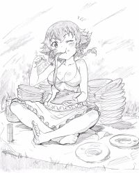 Rule 34 | 10s, 1girl, :t, apron, barefoot, bikini, braid, breasts, cleavage, closed mouth, collarbone, commentary, cup, eating, food, full body, girls und panzer, greyscale, head tilt, highres, holding, holding food, holding plate, looking at viewer, makicha (sasurainopink), medium breasts, monochrome, mug, notice lines, one eye closed, pasta, pepperoni (girls und panzer), picnic, plate, short hair, side braid, sitting, solo, swimsuit, waist apron