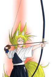 Rule 34 | 1girl, absurdres, aiming, animal ears, archery, arrow (projectile), blonde hair, bow (weapon), closed mouth, commentary request, doitsuken, fighting stance, fox ears, fox tail, from side, gloves, highres, holding, holding bow (weapon), holding weapon, japanese clothes, muneate, original, partially fingerless gloves, ready to draw, short sleeves, solo, standing, tail, weapon, wide sleeves, yellow eyes, yumi (bow)