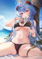 Rule 34 | 1girl, ahoge, beach, bead bracelet, beads, bell, bikini, black bikini, blue hair, blue sky, blurry, blurry foreground, blush, bracelet, breasts, clothes lift, cloud, commentary, cowbell, day, frills, ganyu (genshin impact), genshin impact, goat horns, groin, hair between eyes, hand in own hair, hand up, highres, horns, jewelry, kita (kitairoha), large breasts, lifted by self, long hair, looking at viewer, mountainous horizon, mouth hold, navel, neck bell, ocean, outdoors, palm tree, purple eyes, shirt, shirt lift, side-tie bikini bottom, sidelocks, sitting, sky, solo, spread legs, stomach, swimsuit, thighlet, thighs, tree, underboob, very long hair, water, water drop, wet, white shirt