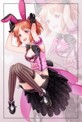 Rule 34 | 1girl, :d, abe nana, animal ears, black bow, black bowtie, black footwear, black gloves, blush, bow, bowtie, bra, breasts, brown hair, brown thighhighs, cleavage, earrings, gloves, hands up, heart, heart earrings, high heels, idolmaster, idolmaster cinderella girls, idolmaster cinderella girls starlight stage, jewelry, knees together feet apart, konogi nogi, lace, lace gloves, medium breasts, open mouth, ponytail, purple bra, rabbit ears, rabbit pose, red eyes, shoes, smile, solo, thighhighs, underwear, zoom layer