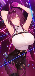 Rule 34 | 1girl, :o, absurdres, armpits, blush, breasts, cleavage cutout, clothing cutout, fukuro daizi, glasses on head, gloves, gold, highres, honkai: star rail, honkai (series), jewelry, kafka (honkai: star rail), large breasts, laser, long hair, looking at viewer, open mouth, purple background, purple eyes, purple hair, ring, shorts, smile, sunglasses on head, thighhighs