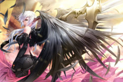Rule 34 | 1girl, ass, back, bare shoulders, black wings, crop top, demon girl, demon tail, detached sleeves, feathers, highres, long hair, long sleeves, midriff, original, pants, pointy ears, rezi, scythe, silver hair, slit pupils, solo, tail, very long hair, wings, yellow eyes
