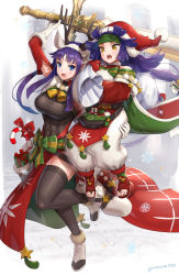 Rule 34 | 2girls, abs, altina (fire emblem), altina (winter) (fire emblem), animal ears, bell, black bodysuit, blue eyes, blush, bodysuit, boots, bow, box, breasts, candy, candy cane, cape, carrying over shoulder, christmas stocking, commentary, covered navel, detached sleeves, fake animal ears, fire emblem, fire emblem heroes, food, full body, fur-trimmed boots, fur-trimmed gloves, fur trim, gift, gift bag, gift box, gloves, gonzarez, green bow, green cape, hat, headband, highres, holding, holding person, holding sword, holding weapon, large breasts, long hair, looking at another, looking down, multiple girls, nintendo, official alternate costume, open mouth, pants, pom pom (clothes), purple hair, red footwear, red headwear, sanaki kirsch altina, sandals, santa costume, santa hat, signature, skin tight, smile, snowflakes, star (symbol), christmas stocking, sword, tabard, tassel, thighhighs, thighs, waist cape, weapon, white footwear, white gloves, white pants, yellow eyes