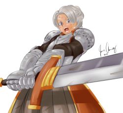 Rule 34 | 1girl, armor, armored dress, braid, bruise, chris lightfellow, french braid, full armor, gauntlets, gensou suikoden, gensou suikoden iii, injury, open mouth, pauldrons, purple eyes, radlionheart, shoulder armor, shouting, signature, silver hair, solo, sword, weapon