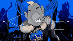 Rule 34 | 1boy, big nose, blue background, blue theme, closed eyes, commentary request, crown, fur collar, grin, jacket, king (vocaloid), long sleeves, louie (pikmin), male focus, mohawk, nintendo, pikmin (series), pointy ears, rope, satou (ultrmngrtsrt), sharp teeth, short hair, smile, solo, teeth, throne, upper body, very short hair, vocaloid