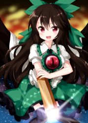 Rule 34 | 1girl, arm cannon, bird wings, black hair, black legwear, black wings, blouse, bow, cape, center frills, collared shirt, cowboy shot, frilled skirt, frills, green bow, green skirt, hair between eyes, hair bow, highres, long hair, looking at viewer, open mouth, puffy short sleeves, puffy sleeves, red eyes, reiuji utsuho, ruu (tksymkw), shirt, short sleeves, skirt, smile, solo, standing, starry sky print, third eye, touhou, triangle print, weapon, white cape, white shirt, wings