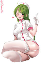 Rule 34 | 1girl, ;q, ass, blue eyes, blush, braid, breasts, commentary, crossed legs, dress, ebifurya, garter straps, gloves, green hair, hashtag only commentary, hat, heart, heart print, highres, holding, holding syringe, kantai collection, long hair, looking at viewer, low-braided long hair, low-tied long hair, medium breasts, mole, mole under mouth, nurse, nurse cap, one-hour drawing challenge, one eye closed, panties, parted bangs, puffy short sleeves, puffy sleeves, short sleeves, sidelocks, simple background, solo, syringe, thighhighs, tongue, tongue out, twitter username, underwear, white background, white dress, white garter straps, white gloves, white panties, white thighhighs, yuugumo (kancolle)