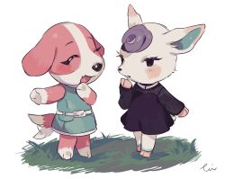 Rule 34 | 2girls, absurdres, afterimage, animal crossing, animal ears, animal hands, aqua dress, artist name, bad id, bad pixiv id, barefoot, black dress, black eyes, blush, closed eyes, cookie (animal crossing), deer ears, deer tail, diana (animal crossing), dog ears, dog tail, dress, fang, female focus, flat chest, floral print, full body, furry, furry female, grass, half-closed eyes, hand up, happy, hideko (l33l3b), highres, hooves, looking at another, motion lines, multiple girls, nintendo, open mouth, outdoors, outstretched arm, purple hair, short hair, signature, simple background, skin fang, sleeveless, sleeveless dress, smile, standing, tail, tail wagging, white background