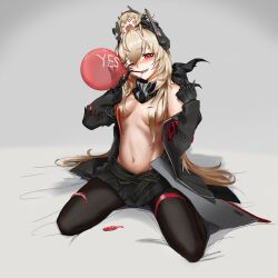 Rule 34 | 2girls, absurdres, artist request, balloon, bare shoulders, black jacket, blonde hair, blush, breasts, chibi, commentary, commission, english commentary, english text, full body, girls&#039; frontline, hair between eyes, hair over breasts, headgear, highres, jacket, kneeling, long hair, looking at viewer, m4 sopmod ii (girls&#039; frontline), m4 sopmod ii jr, mechanical arms, medium breasts, multicolored hair, multiple girls, navel, open clothes, red eyes, red hair, second-party source, skirt, smile, streaked hair, very long hair