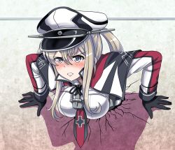 Rule 34 | 10s, 1girl, anchor, black gloves, blonde hair, blush, breasts, crack, cracked wall, gloves, graf zeppelin (kancolle), grey eyes, hat, kabe ni hamatte ugokenai!, kantai collection, large breasts, long hair, long sleeves, parted lips, solo, stuck, through wall, tk8d32, twintails