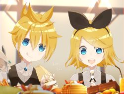 Rule 34 | 1boy, 2girls, black bow, blonde hair, blue eyes, bow, brother and sister, cake, character name, commentary, food, fork, fruit, hair bow, hair ornament, hairclip, hatsune miku, highres, holding, holding food, holding fork, kagamine len, kagamine rin, macaron, multiple girls, nail polish, pancake, sake-meron, short hair, siblings, smile, strawberry, tongue, tongue out, twins, vest, vocaloid, whipped cream