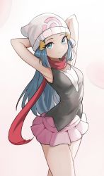 Rule 34 | 1girl, :3, absurdres, aqua eyes, armpits, arms behind head, arms up, bare shoulders, beanie, blue hair, breasts, closed mouth, commentary, creatures (company), dawn (pokemon), game freak, gradient background, hair ornament, hairclip, hat, highres, kiritzugu, legs, looking at viewer, miniskirt, nintendo, pink skirt, pleated skirt, pokemon, pokemon dppt, scarf, simple background, skirt, sleeveless, small breasts, smile, solo, white hat