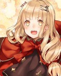 Rule 34 | 1girl, :d, black dress, blonde hair, dress, hair between eyes, hair ornament, hair ribbon, hairpin, long hair, looking at viewer, open mouth, red hood, red riding hood (sinoalice), ribbon, sinoalice, smile, solo, teeth, teroru, v-shaped eyebrows, yellow background, yellow eyes