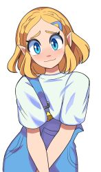 Rule 34 | 1girl, absurdres, bbycheese, blonde hair, blue eyes, braid, closed mouth, crown braid, denim overalls, hair ornament, highres, looking at viewer, nintendo, overall skirt, pointy ears, princess zelda, shirt, short hair, silent princess, simple background, smile, smug, solo, the legend of zelda, triforce, triforce print, white background, white shirt
