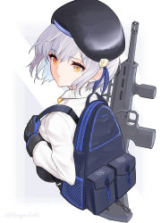 Rule 34 | 1girl, assault rifle, backpack, bag, beret, black gloves, blue hair, bullpup, closed mouth, extended barrel, gas-seal revolver, girls&#039; frontline, gloves, gun, hat, highres, ingerdoll, integrally-suppressed firearm, light blue hair, looking at viewer, modular weapon system, muzzle device, over shoulder, quick-change barrel system, revolver shotgun, rifle, semi-automatic firearm, semi-automatic shotgun, shirt, short hair, shotgun, simple background, six12, six12 (girls&#039; frontline), solo, stand-alone configuration, transforming weapon, twitter username, upper body, weapon, weapon over shoulder, white shirt, yellow eyes