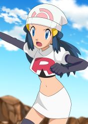 Rule 34 | 1girl, absurdres, beanie, black hair, blue eyes, blurry, boots, cloud, commentary request, cosplay, creatures (company), cropped jacket, dawn (pokemon), day, elbow gloves, eyelashes, game freak, gloves, hainchu, hair ornament, hairclip, hat, highres, jacket, jessie (pokemon), jessie (pokemon) (cosplay), logo, long hair, navel, nintendo, open mouth, outdoors, pokemon, pokemon (anime), pokemon dppt (anime), sidelocks, skirt, sky, solo, team rocket, team rocket uniform, thigh boots, tongue, white hat, white jacket, white skirt