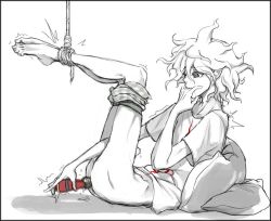 Rule 34 | 1boy, anal, anal object insertion, barefoot, bdsm, bondage, bondage male, bound, collarbone, commentary, danganronpa (series), danganronpa 2: goodbye despair, english commentary, feet up, finger in own mouth, from side, hand up, komaeda nagito, male penetrated, male underwear, male underwear pull, messy hair, monochrome, object insertion, pale skin, penis, pillow, print shirt, sex toy, shirt, solo, spot color, underwear, vibrator, yandr4hope