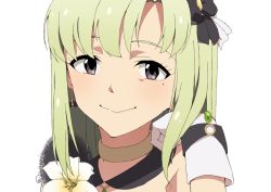 Rule 34 | 1girl, blush, commentary request, earrings, flower, gloves, green hair, hair ornament, idolmaster, jewelry, lily (flower), looking at viewer, mole, mole under eye, nanakura nanane, portrait, shiika (idolmaster), short hair, simple background, smile, solo, white background, white gloves