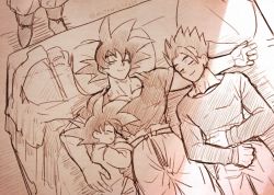 Rule 34 | 1other, 3boys, ^ ^, bed, bed sheet, belt, black hair, blush, boots, brothers, chinese clothes, clenched hands, closed eyes, collarbone, cuddling, dragon ball, dragonball z, father and son, from above, hand on another&#039;s back, hands on lap, happy, head out of frame, highres, indoors, light rays, long sleeves, lying, male focus, mattari illust, monochrome, multiple boys, on back, on bed, pants, pillow, profile, sepia, siblings, sleeping, sleeping on person, smile, son gohan, son goku, son goten, spiked hair, standing, sunlight, twitter username