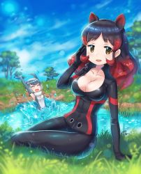 Rule 34 | 10s, 2girls, :d, ^ ^, animal ears, armpits, black gloves, black hair, black legwear, black shirt, blush, breasts, cleavage, closed eyes, cloud, collarbone, day, elbow gloves, extra ears, closed eyes, fingerless gloves, fur collar, gloves, gradient hair, grass, grey gloves, grey hair, hand in own hair, highres, hippopotamus (kemono friends), hippopotamus ears, kemono friends, long hair, looking at viewer, medium breasts, multicolored hair, multiple girls, on ground, open mouth, otter ears, outdoors, partially submerged, pond, red hair, roozin, shirt, sitting, sky, sleeveless, small-clawed otter (kemono friends), small breasts, smile, splashing, tree, yellow eyes