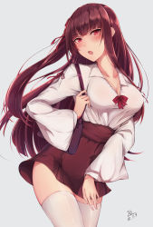 Rule 34 | 1girl, :o, absurdres, alternate costume, bag, blouse, blush, breasts, casual, cleavage, collarbone, collared shirt, dated, girls&#039; frontline, grey background, hair ribbon, half updo, handbag, head tilt, high-waist skirt, highres, large breasts, long hair, long sleeves, looking at viewer, one side up, open mouth, purple hair, red eyes, red skirt, ribbon, shirt, shoulder bag, signature, simple background, skindentation, skirt, solo, thighhighs, thighs, tsurime, very long hair, wa2000 (girls&#039; frontline), white thighhighs, wide sleeves, zhishi ge fangzhang