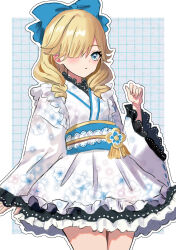 Rule 34 | 1girl, absurdres, blonde hair, blue bow, blue eyes, blue sash, blush, bow, commentary request, cowboy shot, drill hair, fire emblem, fire emblem engage, floral print, frills, hair bow, hair over one eye, hand up, highres, japanese clothes, kimono, long sleeves, looking at viewer, madeline (fire emblem), medium hair, nintendo, obi, sash, solo, standing, white kimono, wide sleeves, yuurururun