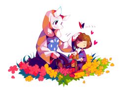 Rule 34 | = =, amakusa, amakusa (hidorozoa), amks krg, androgynous, bad id, bad twitter id, brown hair, bug, butterfly, cake, eating, fang, fang out, flower, food, food on face, frisk (undertale), furry, gender request, headpat, heart, insect, plate, sitting, tabard, toriel, transparent background, undertale
